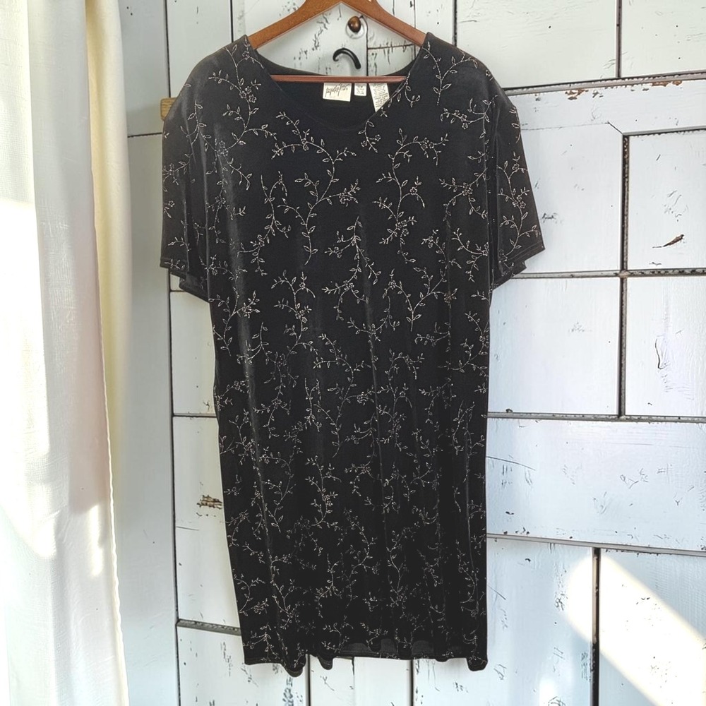 Vintage Velvet Dress 18W Black Glitter Velour Shift Witchy Goth Dark Mori 90s